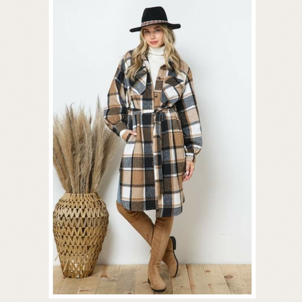 NIEVE PLAID TIE FRONT SHACKET / COAT - TAUPE, Black, White